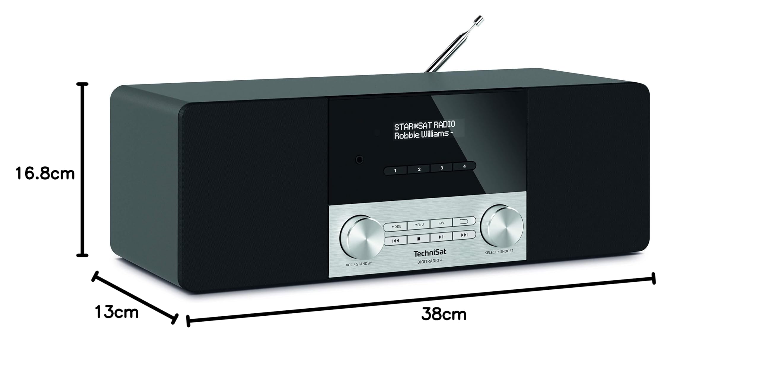 TechniSat DIGITRADIO 4 - Radio Stereo DAB (DAB+, FM, streaming audio Bluetooth (ricezione), connessione cuffie, ingresso AUX, sveglia radio, display OLED, 20 Watt RMS, altoparlanti Elac) nero