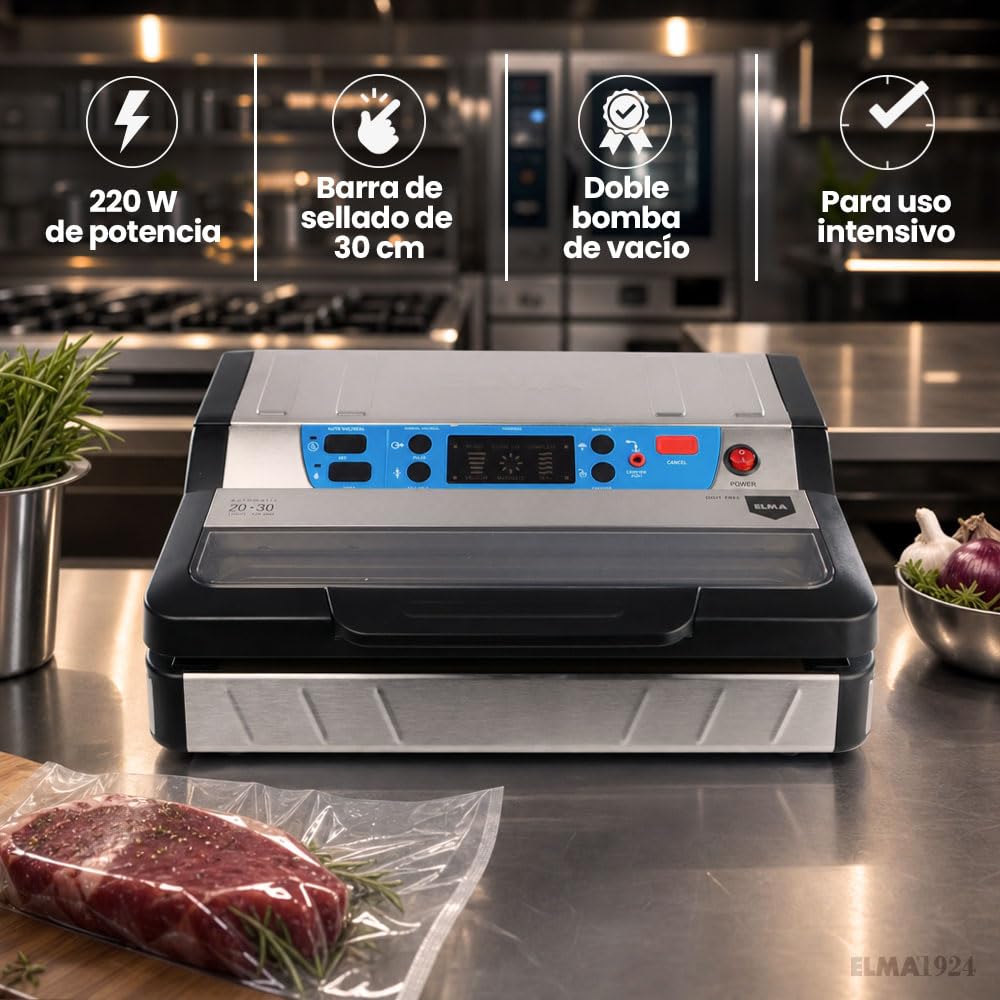 ELMA Envasadora al Vacío Profesional Digit Free | 20 L/min | Acero Inoxidable | Pantalla LED | Sellado MOIST para Húmedos, Función Marinado | Portarrollos con Cutter | Uso Intensivo
