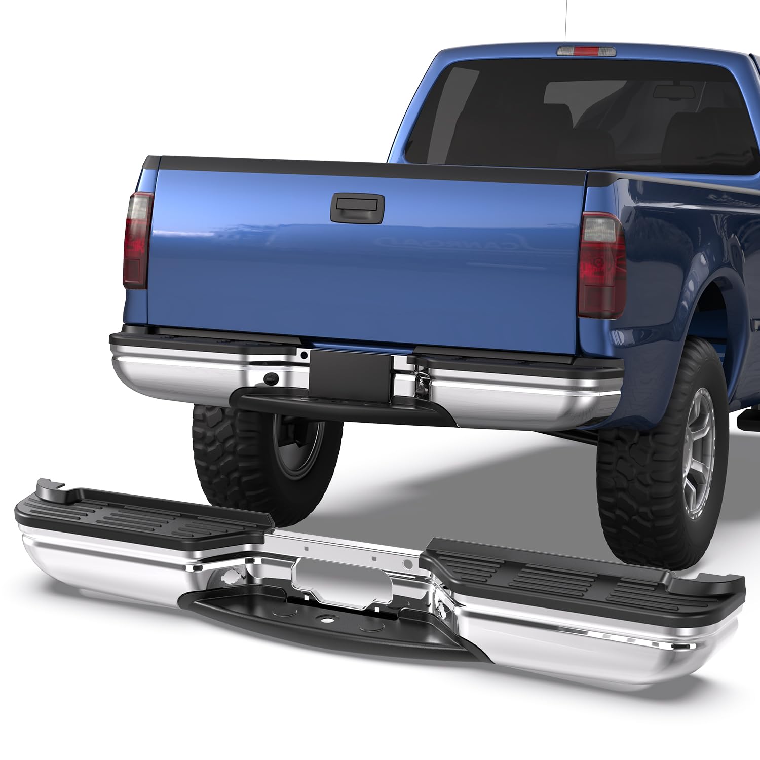 KUIPERAUTO Chrome Rear Step Bumper Assembly Compatible for 1999-2007 Ford F250 F350 F-250 SUPER DUTY Pickup ‎FO1101141 WITHOUT Parking Sensor Holes