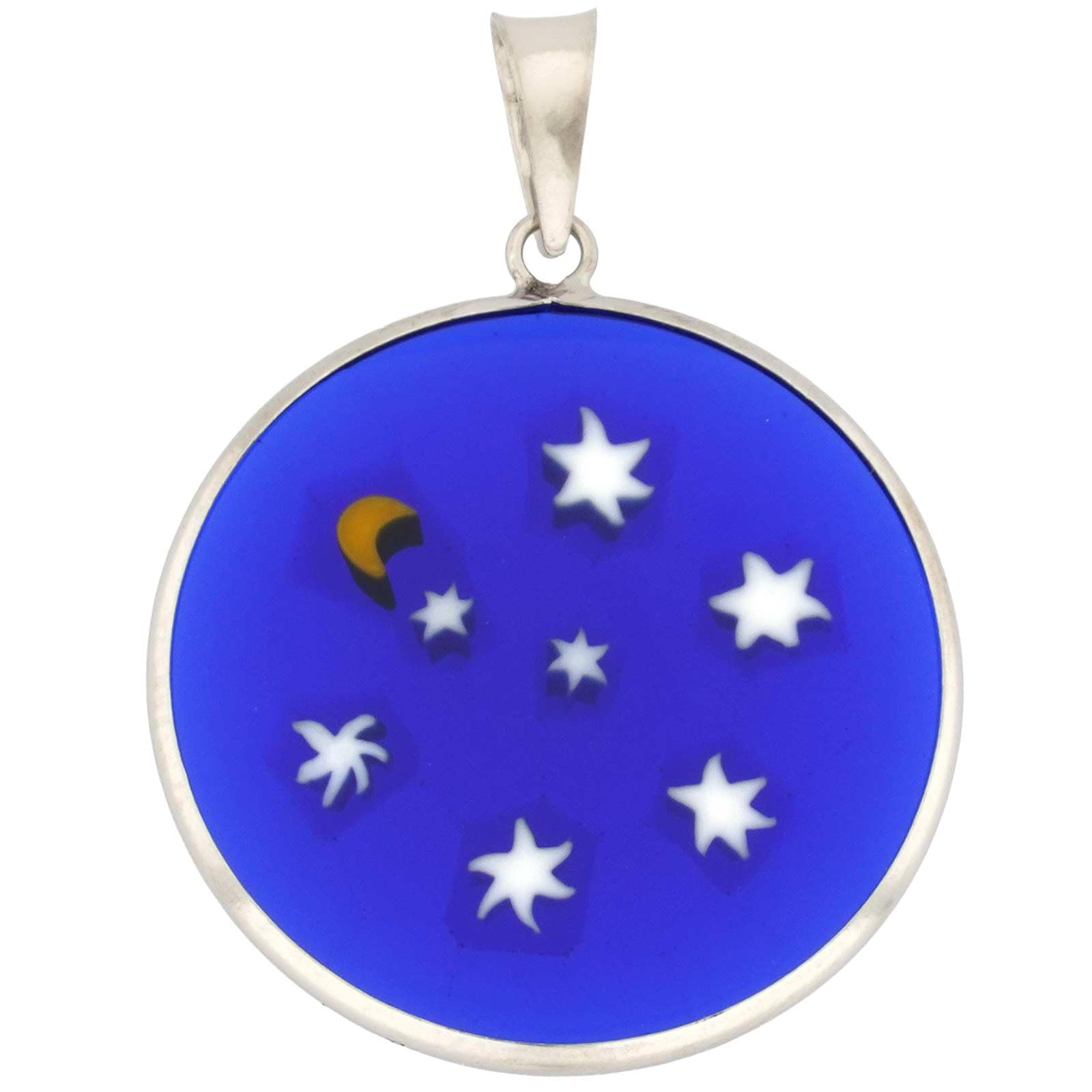Glass Of Venice Muranoglas Mittelgroßer Millefiori-Anhänger in Silberrahmen 26 mm Sternennacht – Weiße Sterne auf Blau mit Halbmond-Anhänger-Halskette für Frauen – Handgefertigt in Venedig, Italien