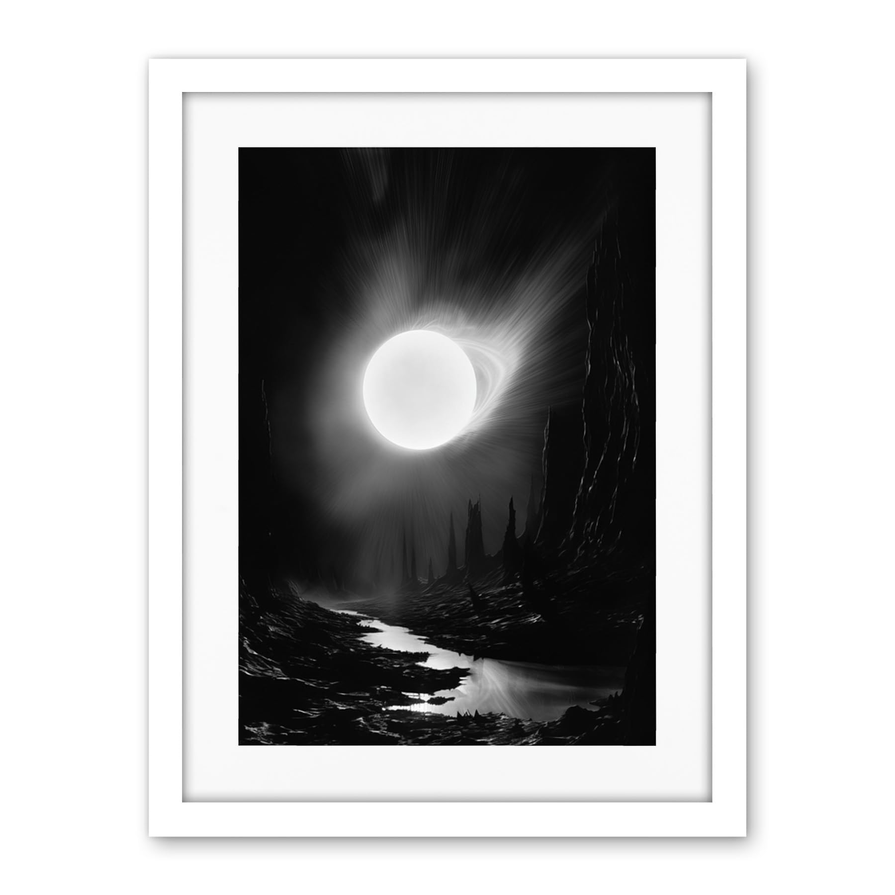 Artery8 Solar Flares Dramatic Fantasy Landscape Black and White Surreal Hades Underworld Artwork Framed Wall Art Print 18X24 Inch