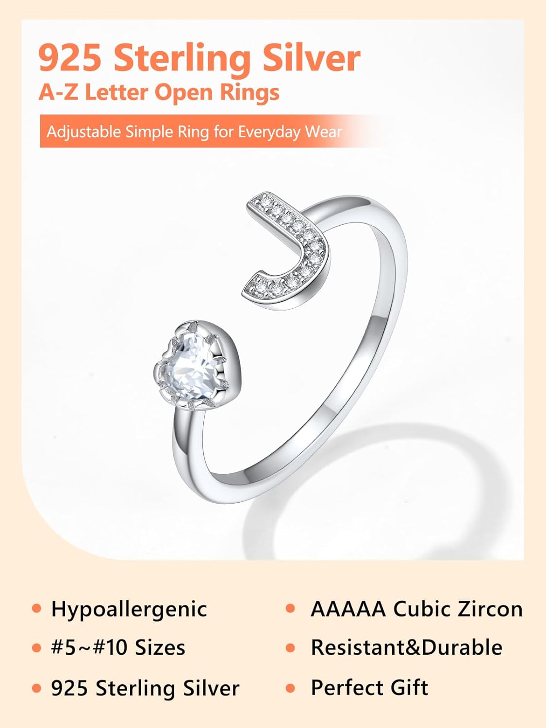 Silvora 925 Sterling Silver CZ Initial Ring, Dainty Adjustable Open A-Z 26 Alphabet Letter Rings for Women