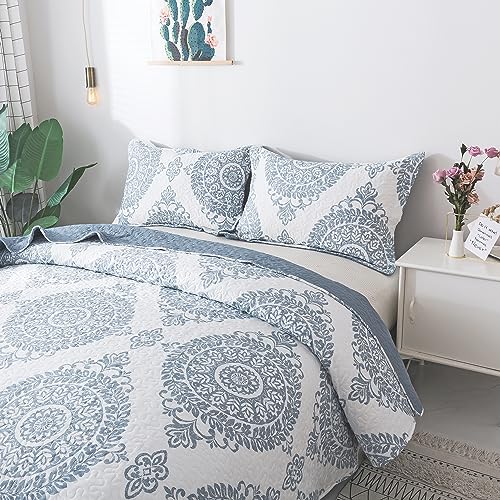 Travan 3-Piece Quilt Set Quilted Bedspread Lightweight Coverlet Set Floral Printed Oversized Quilted Bedding Set With Shams For All Season, Blue Floral, Queen Size #TOP2