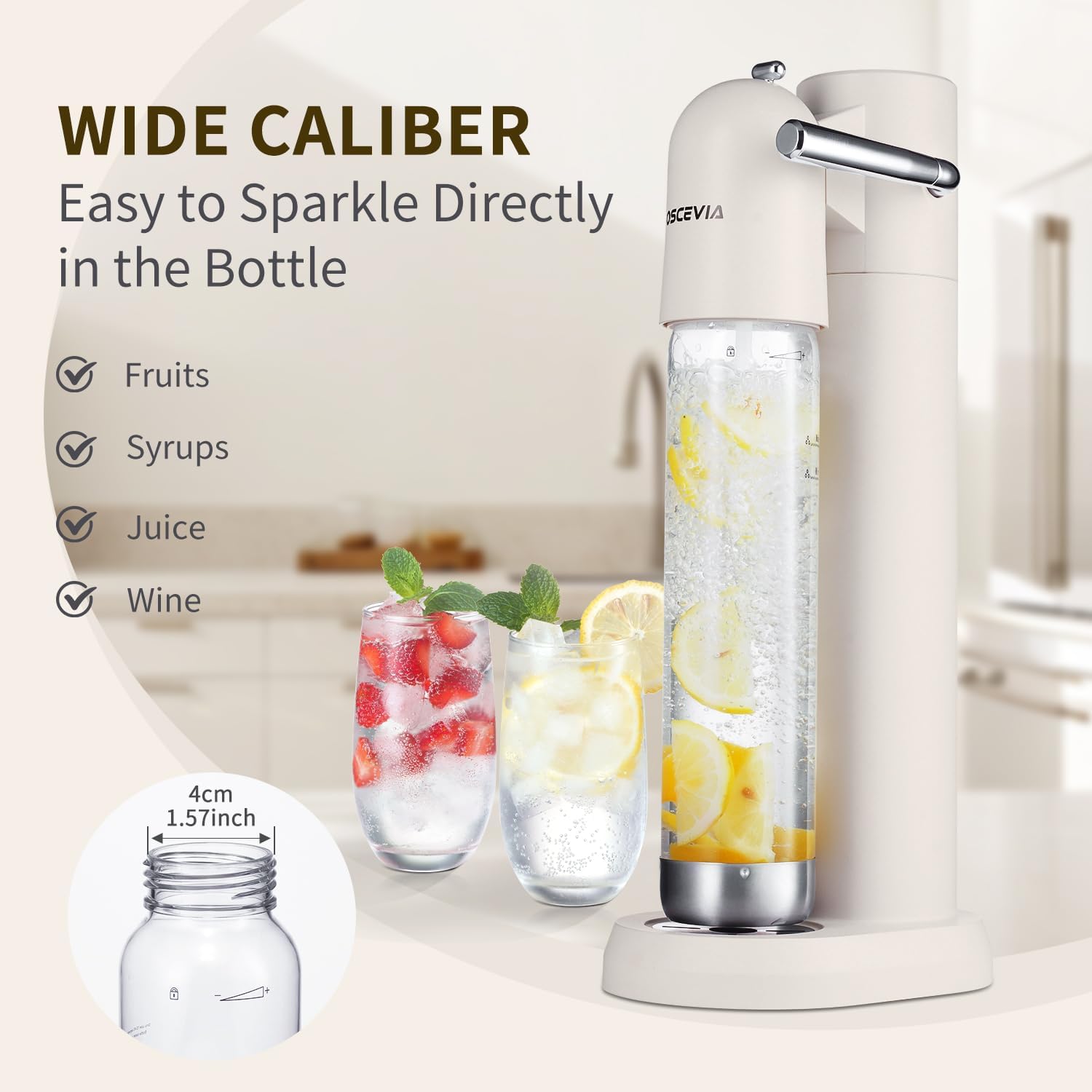 Sparkling Water Machine, Seltzer & Carbonator for Drinks, Soda Steaming Dispenser, Carbonator Machine with BPA Free Bottles(1L+0.5L), Compatible with Screw-in 60L CO2 Cylinder(NOT Included), White