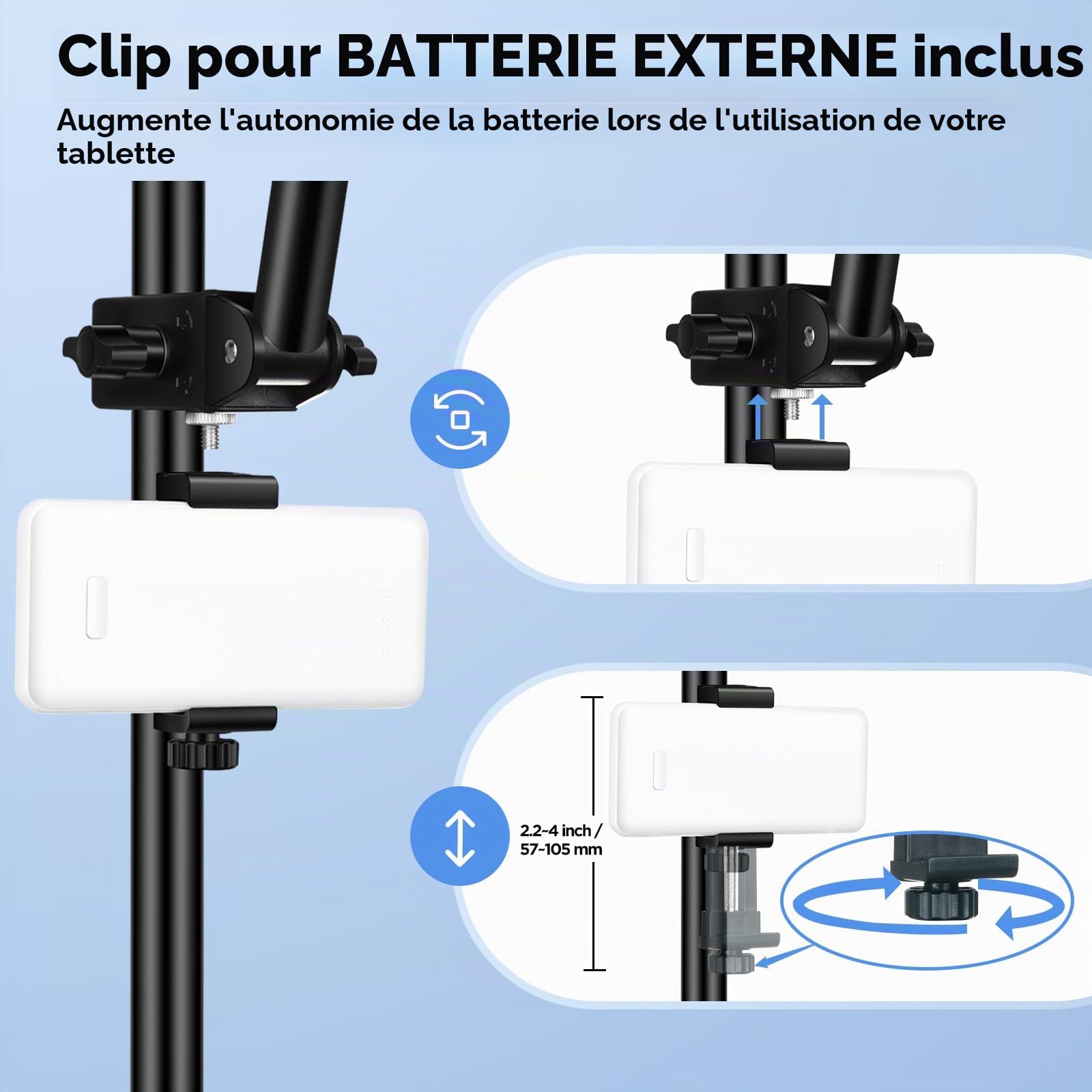LZSIG Support de tablette et batterie externe mis à jour pour pied de micro, support de microphone réglable pour musique, clip pour iPad et téléphone, compatible avec iPhone, Android, tous les