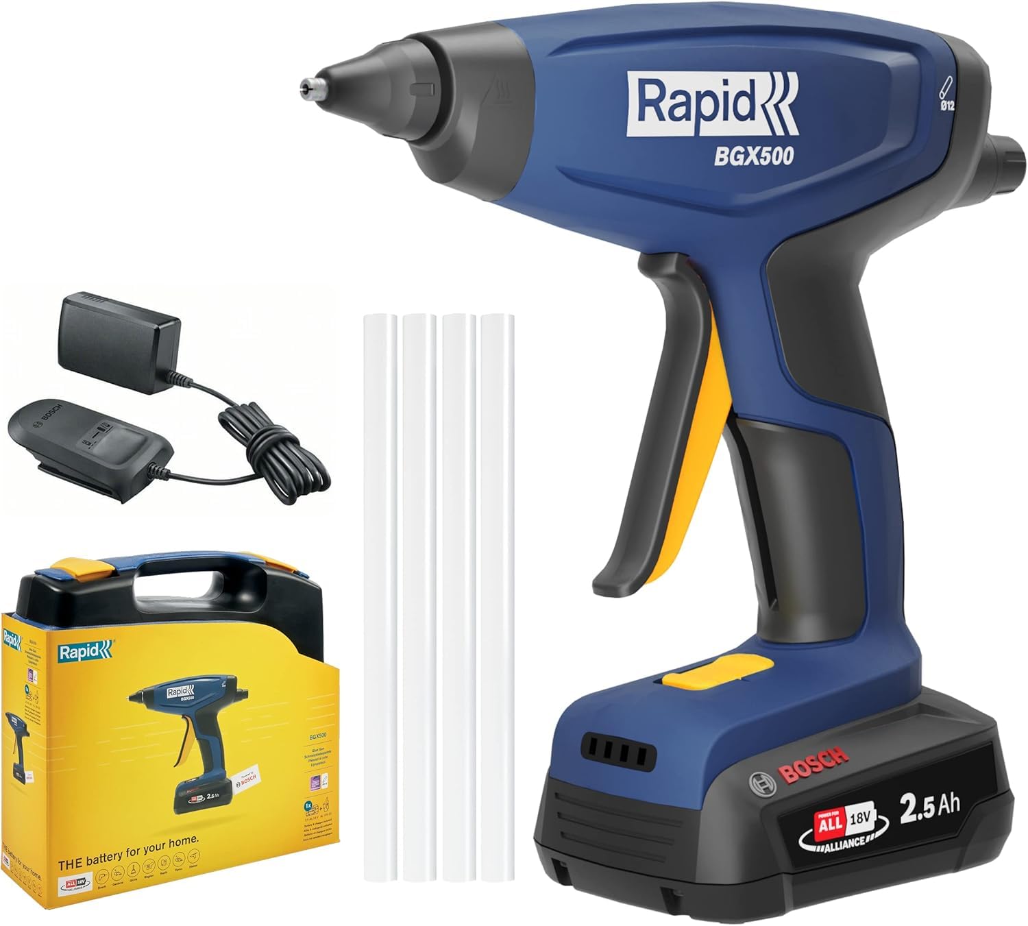 Rapid, Bezprzewodowy Pistolet do Klejenia Rapid BGX500, Akumulator 18 V, Szybkie Nagrzewanie, Lampka Kontrolna, Ergonomiczny Uchwyt, do DYI i Instalacji, Zestaw z Baterią i Ładowarką (5001514)