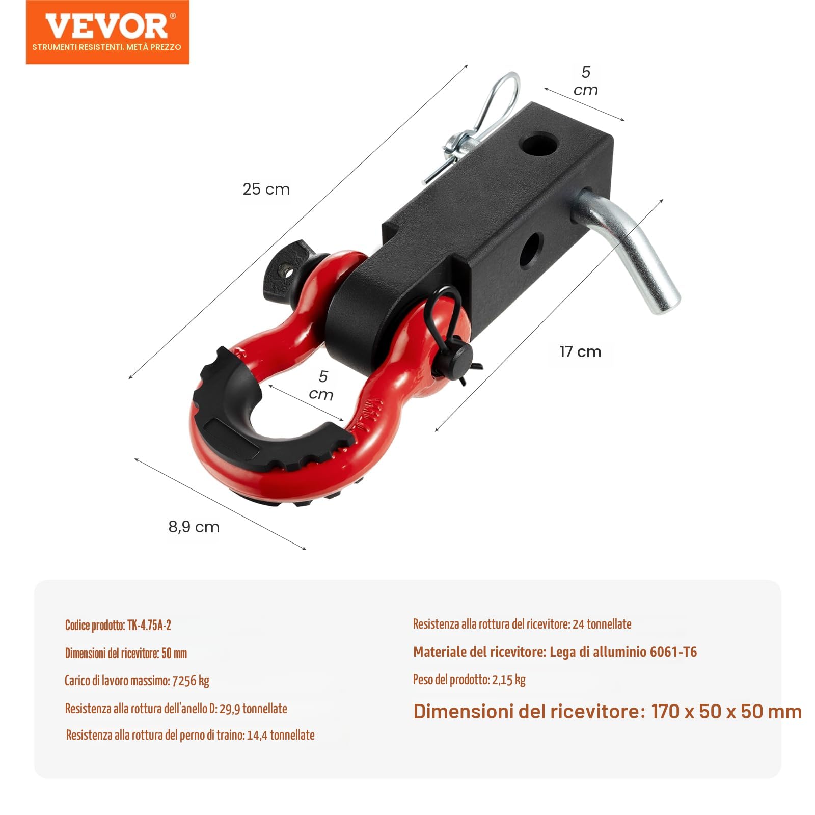 VEVOR Ricevitore per Gancio di Traino, Adatto per Ricevitori 50 mm Resistenza alla Rottura di 29,9 T, Grillo ad Anello a D con Perno Bloccaggio Gancio Traino lega di Alluminio, Carichi Recupero