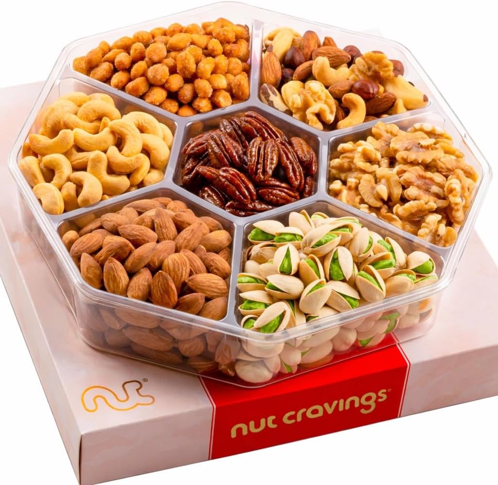 Mothers Day Treats, Mixed Nuts Gift Basket in Red Gold Box (7 Assortments, 2 LB) Treats for Adults, Food Arrangement, Healthy Snack Care Package, Kosher