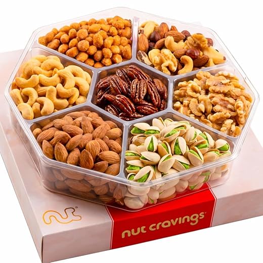 Nut Cravings Gourmet Collection - Holiday Christmas Mixed Nuts Gift Basket in Red Gold Box (7 Assortments, 2 LB) Xmas Arrangement Platter, Birthday Care Package - Healthy Kosher USA Made