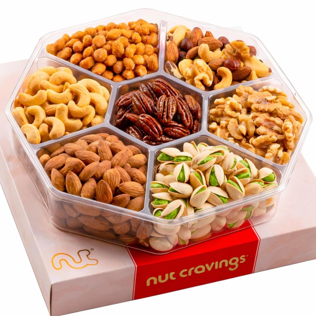 NUT CRAVINGS - Valentines Day Mixed Nuts Gift Basket in Red Gold Box (7 Assortments, 1 LB) Treats for Adults, Food Arrangement, Healthy Snack Care Package, Kosher