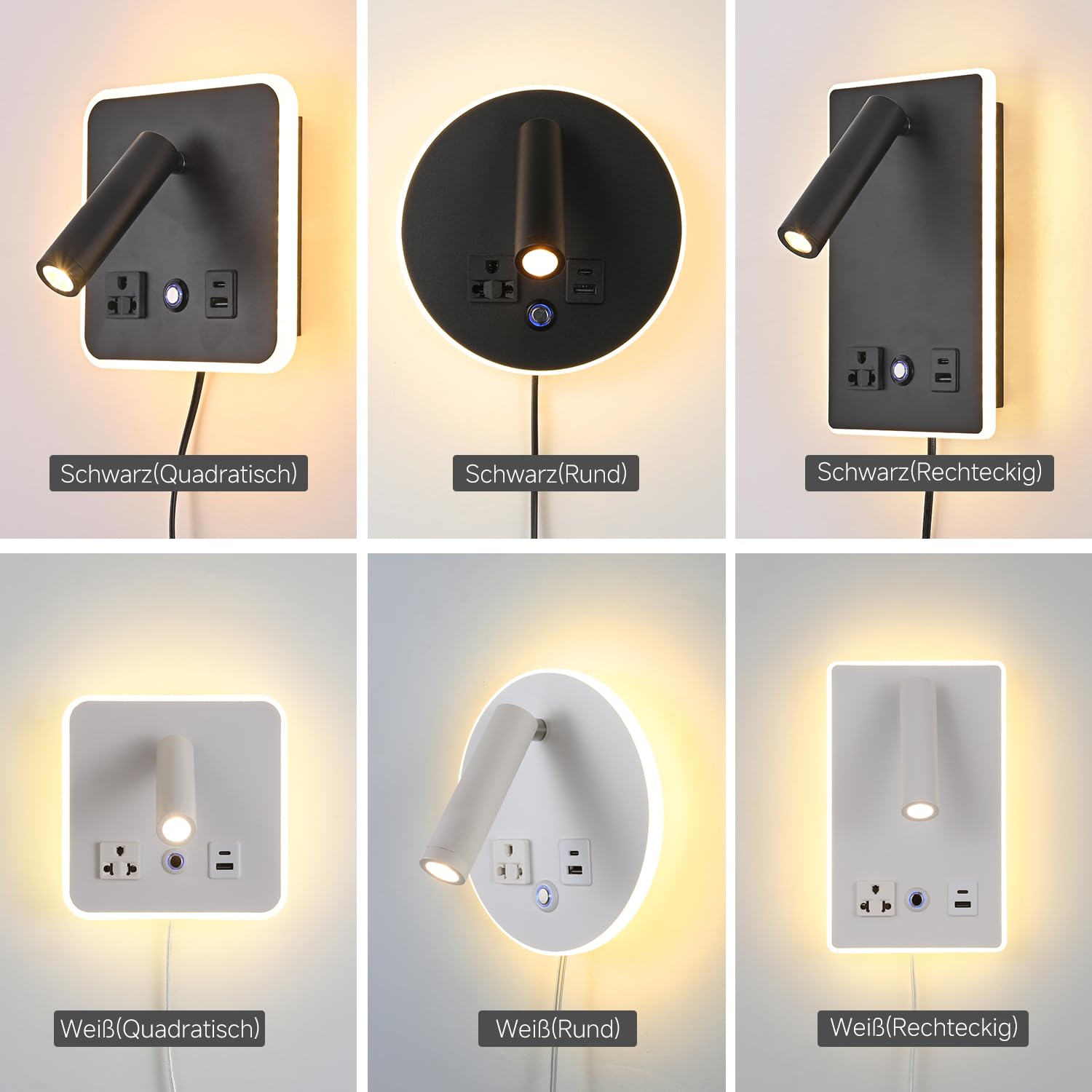 Możliwość ściemniania, regulowana lampa do czytania na ścianie, sterowanie dotykowe, port ładowania USB C+A, do sypialni/salonu z odłączanym kablem