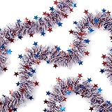 50FT Patriotic Garland, Red White Blue Tinsel 4th of July Decorations, Metallic Star Hanging for Memorial Day Party Supplies