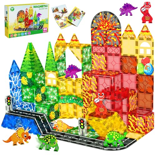 Magnetic Tiles with 4 Dinosaur Toys - Jurassic Scenes Dino World Magnet Tiles for Kids, Magnetic Building Blocks Set for Boys Girls Ages 3+, Sensory Toddler Creative Games Christmas Birthdays Gifts