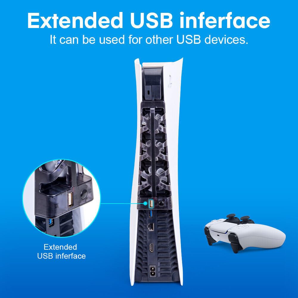 Ventole di raffreddamento PS5, ventola di raffreddamento silenziosa migliorata con velocità regolabile, ventola di raffreddamento USB per console di gioco, con porta USB 3.0 per dischi e
