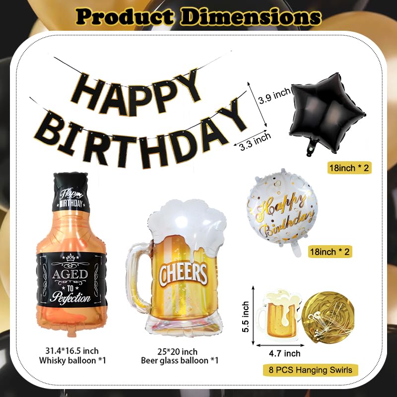 Image of Beer Cup Balloons Whiskey Bottle Beer Mug Shape Happy Birthday | Bunting Banner, Summer Party Decorations, For Women and Men, Hanging Swirls Banner