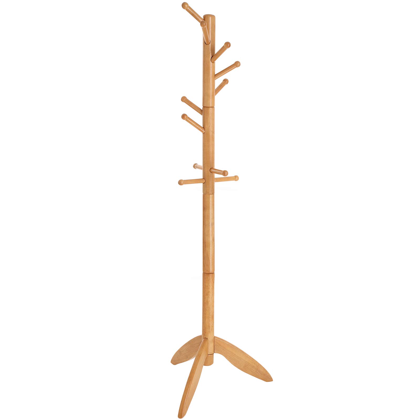 VASAGLE Coat Stand, Solid Wood Coat Rack Free Standing with 11 Hooks, Entryway Hall Tree for Clothes, Hats, Handbags, Rubberwood, Golden Oak