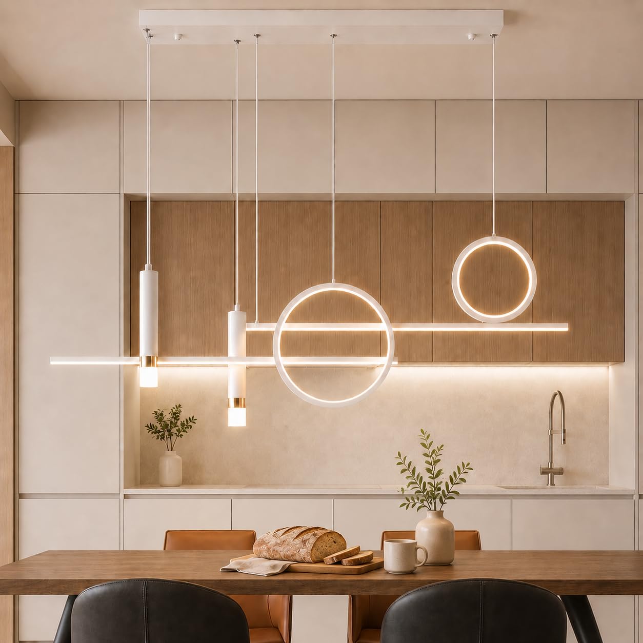 Eoodis Lampadario LED Lineare Bianco Lampada a Sospensione Moderna 110cm 50W Dimmerabile con Telecomando Design Geometrico Minimalista per Isola Cucina, Tavolo da Pranzo e Ufficio