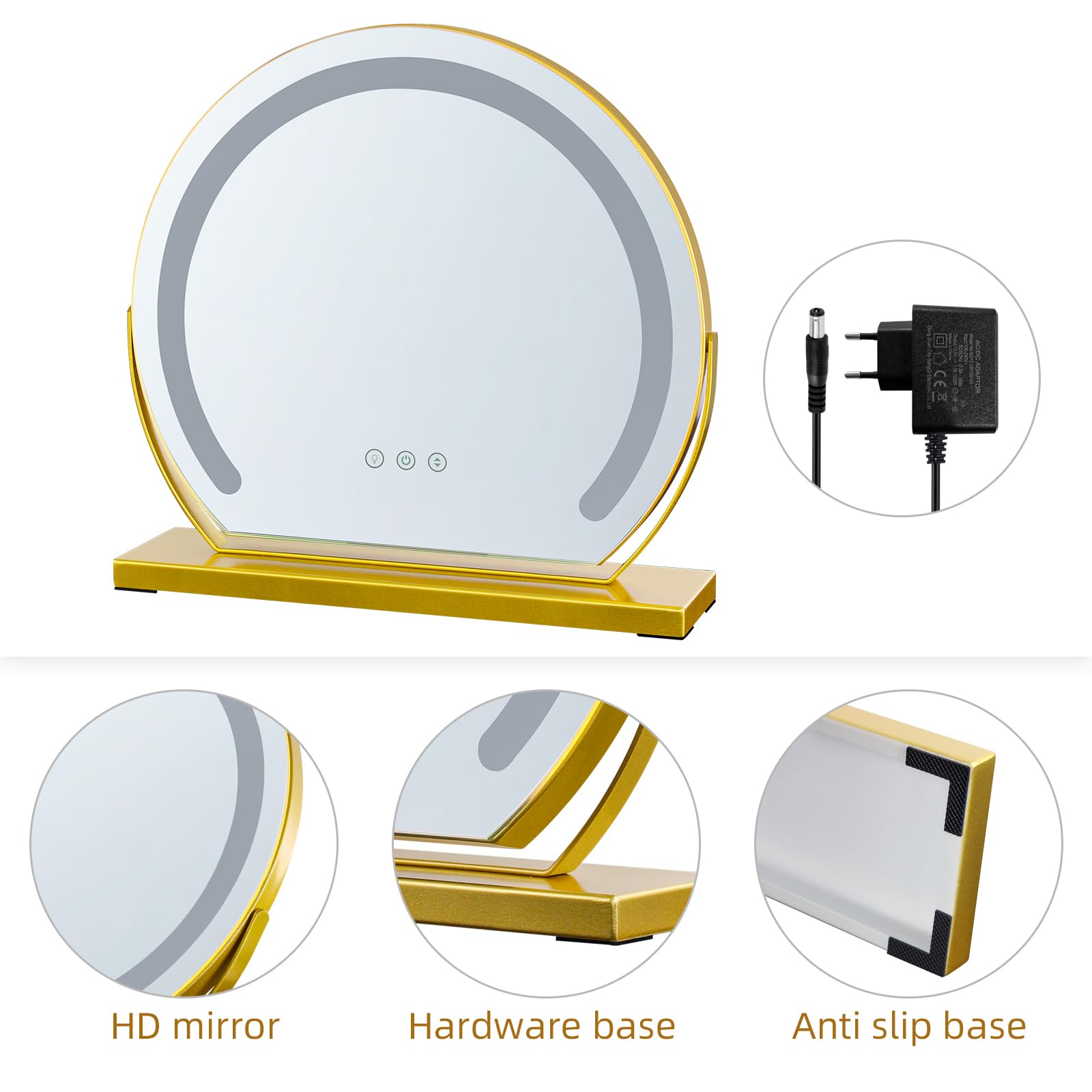 Tischspiegel Kosmetikspiegel mit Beleuchtung Schminkspiegel mit Licht 3 Farbtemperatur Verstellbares 360° Drehung 40x40cm 9W Touch Steuerung Plug-in Makeup Spiegel für Zuhause Gold