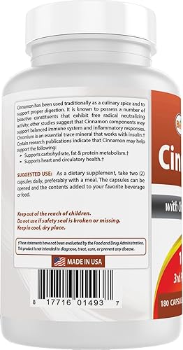 Miniatura 7 de Best Naturals Canela 2000 mg Equivalente con Cromo 400 mcg por porción - Apoyo al metabolismo - 180 Cápsulas