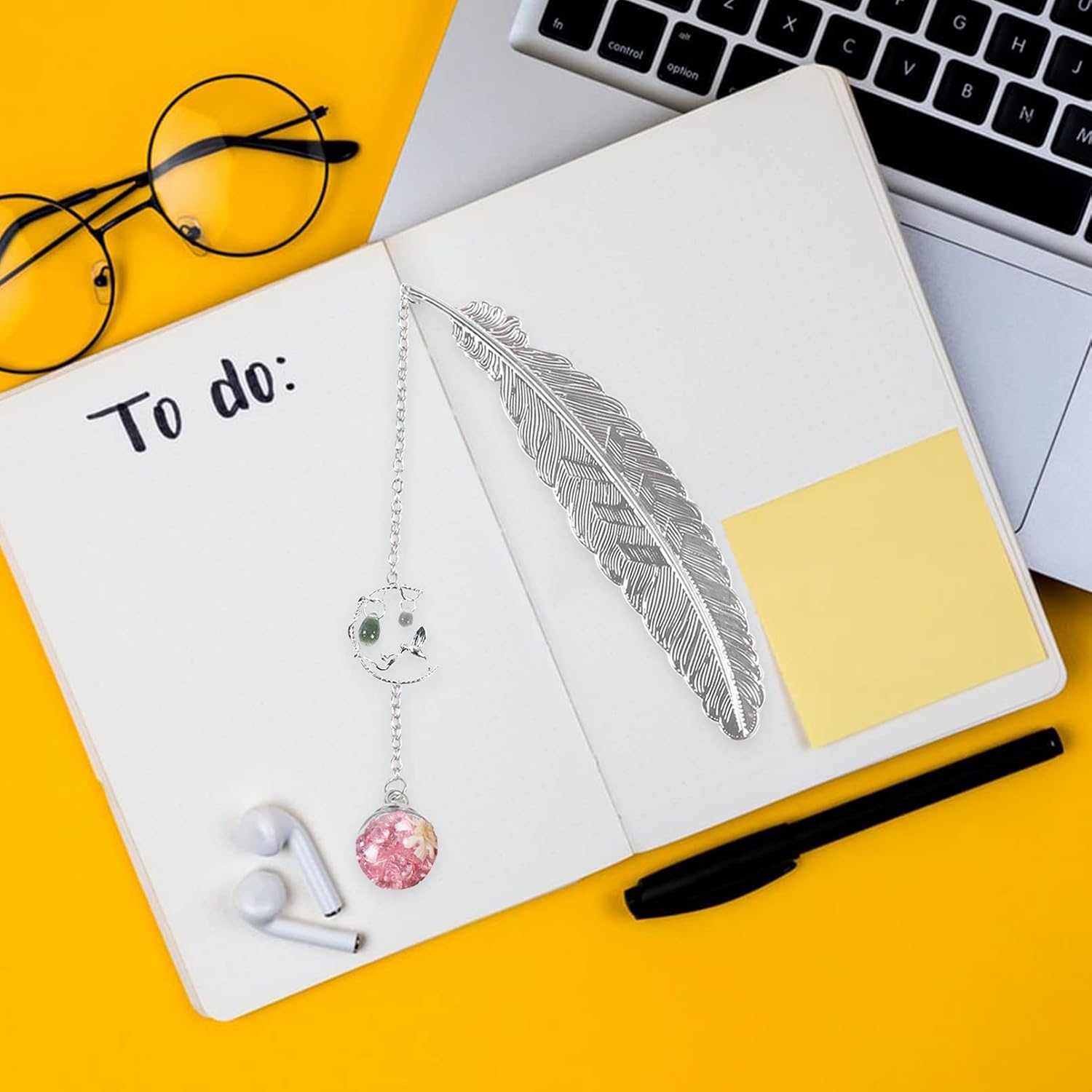Metal Feather Bookmark with 3D Hummingbirdand and Glass Beads Pendant, Handmade Vintage Bookmark with Gift Box - Image 5