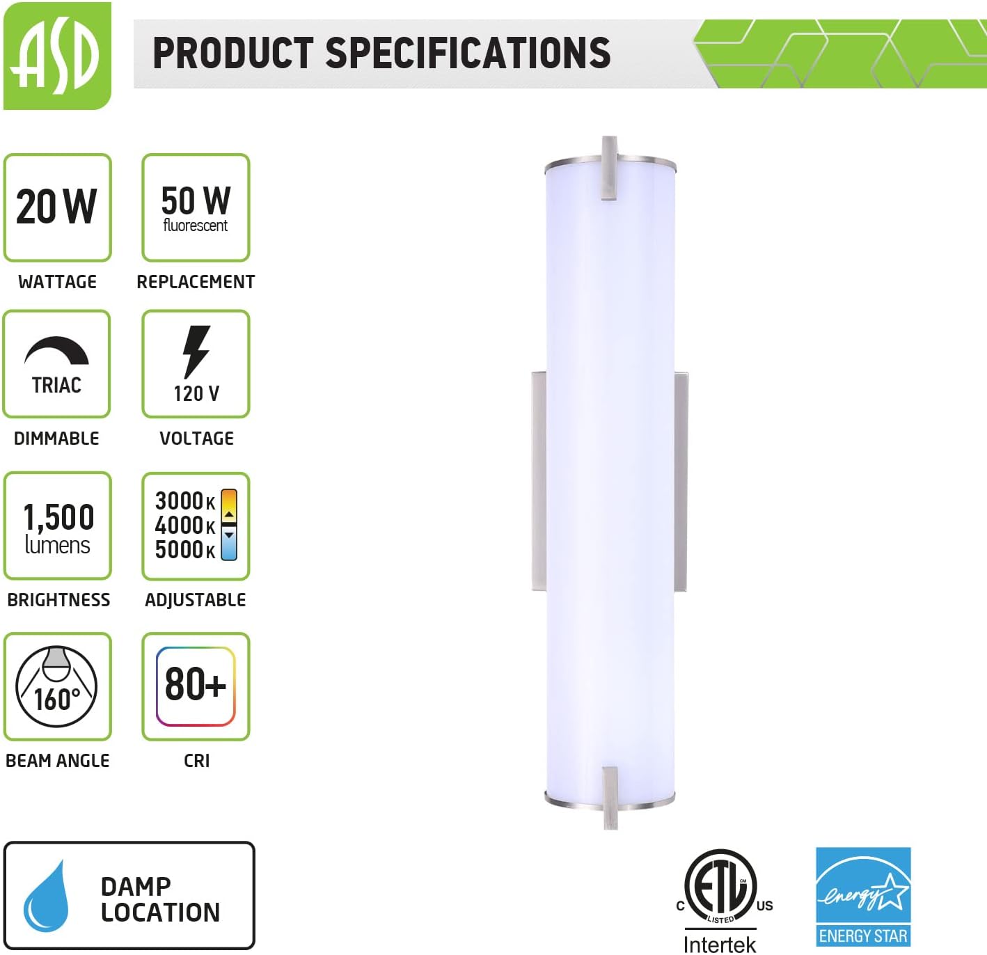 Buy ASD 18 Inch LED Vanity Bathroom Light, 3 Color Adjustable 3000K 4000k 5000k Dimmable Wall Mounted Light Brushed Nickel 20w 50w Replacement - View #7