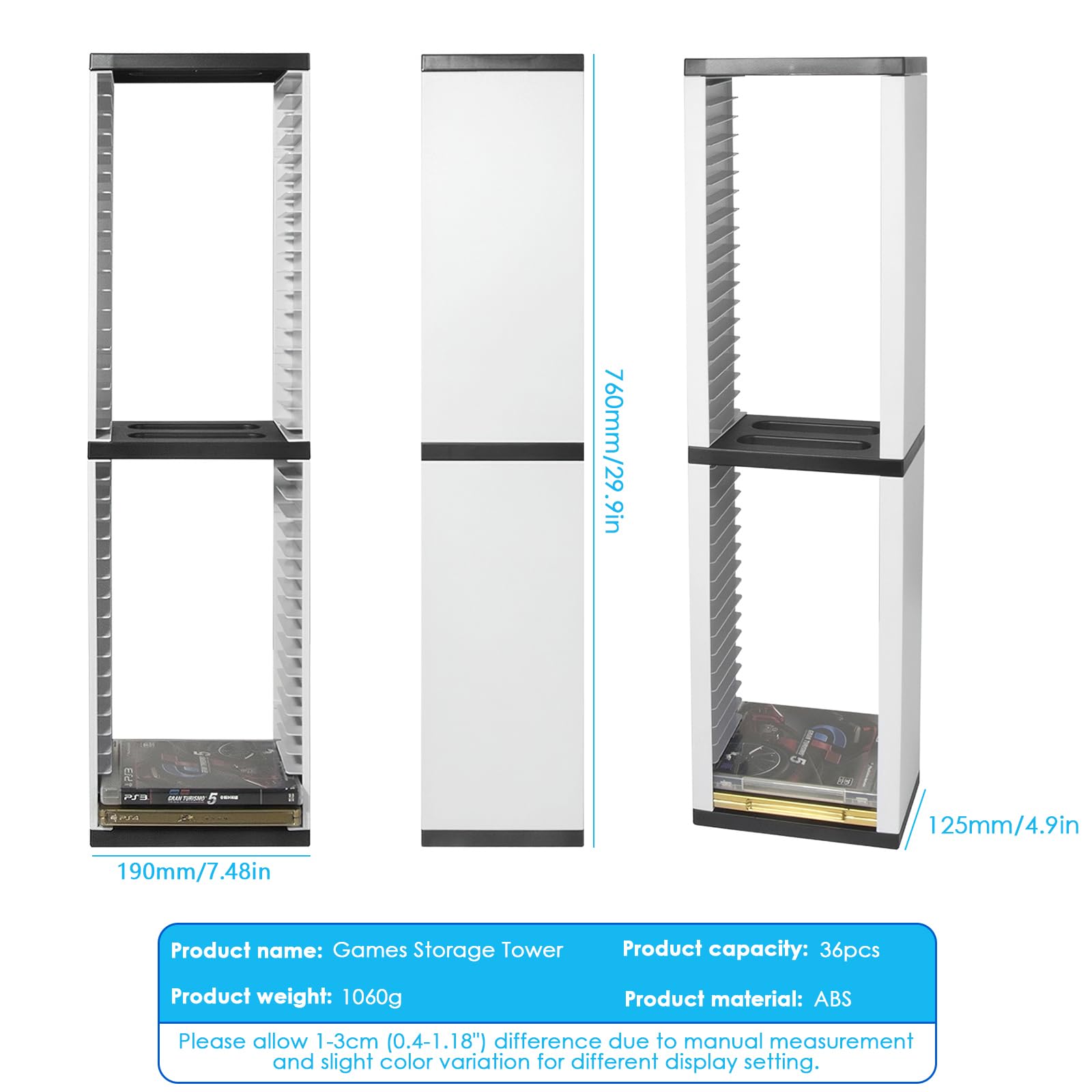 Torre de Almacenamiento de Juegos PS5,Almacena 36 Discos de Juegos de CD,Soporte Universal para Juegos,Vertical & Horizontal Estantería Discos,Accesorio Juego Blanco | Soporte universal para videojuegos, organizador de CD para ahorrar espacio, de ABS, uni