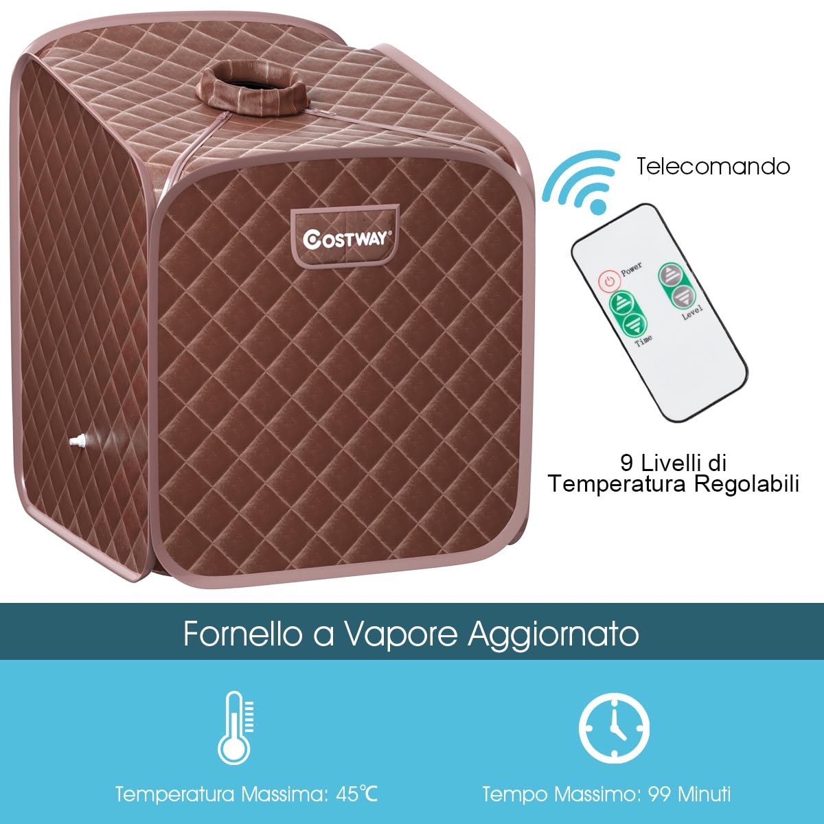COSTWAY Cabina Sauna a Vapore, Sauna da Casa Portatile con Telecomando, 9 Livelli di Temperatura, Timer 99 Minuti e Sedia Pieghevole, Spa Personale per Casa (Caffè)