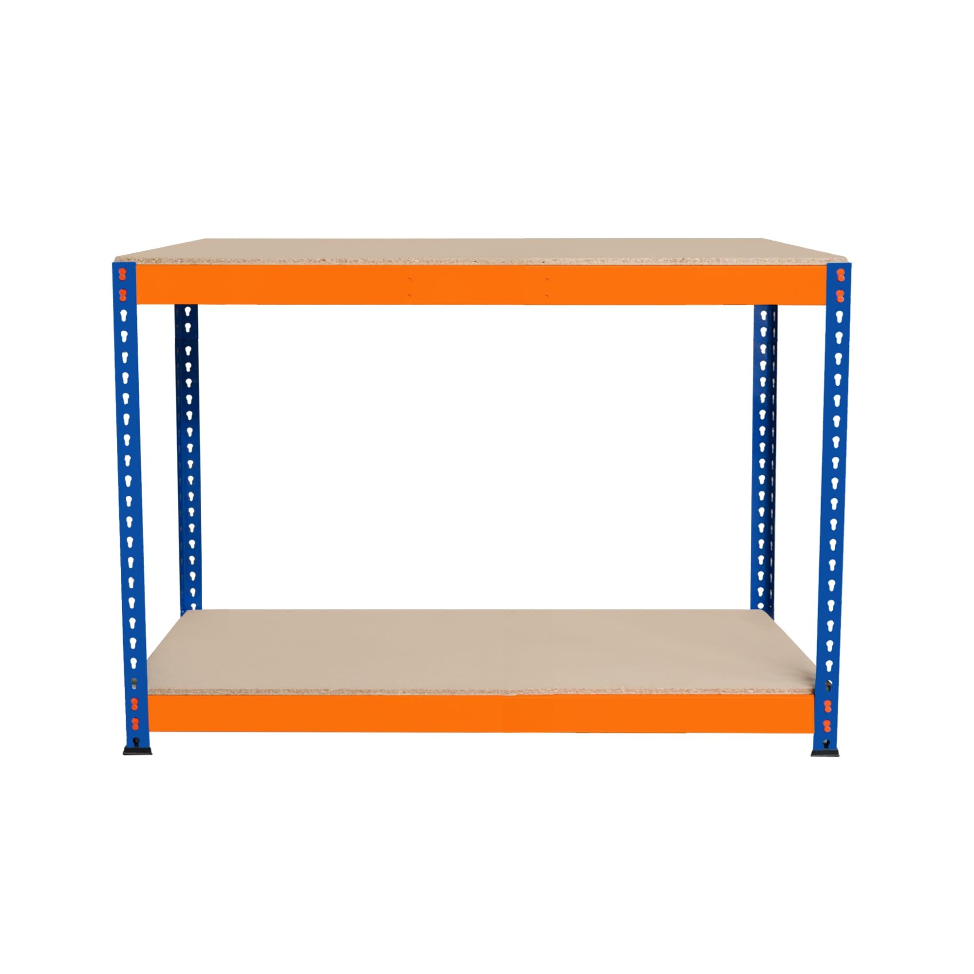 Monster Racking Orange Garage Workbench S-Rax 2 Shelf 120Cm X 45Cm X 90Cm Workstation Heavy Duty Steel Chipboard 300Kg Capacity Per Shelf Adjustable Layout Boltless Assembly Rubber Feet Reinforced Support Bar Warehouse
