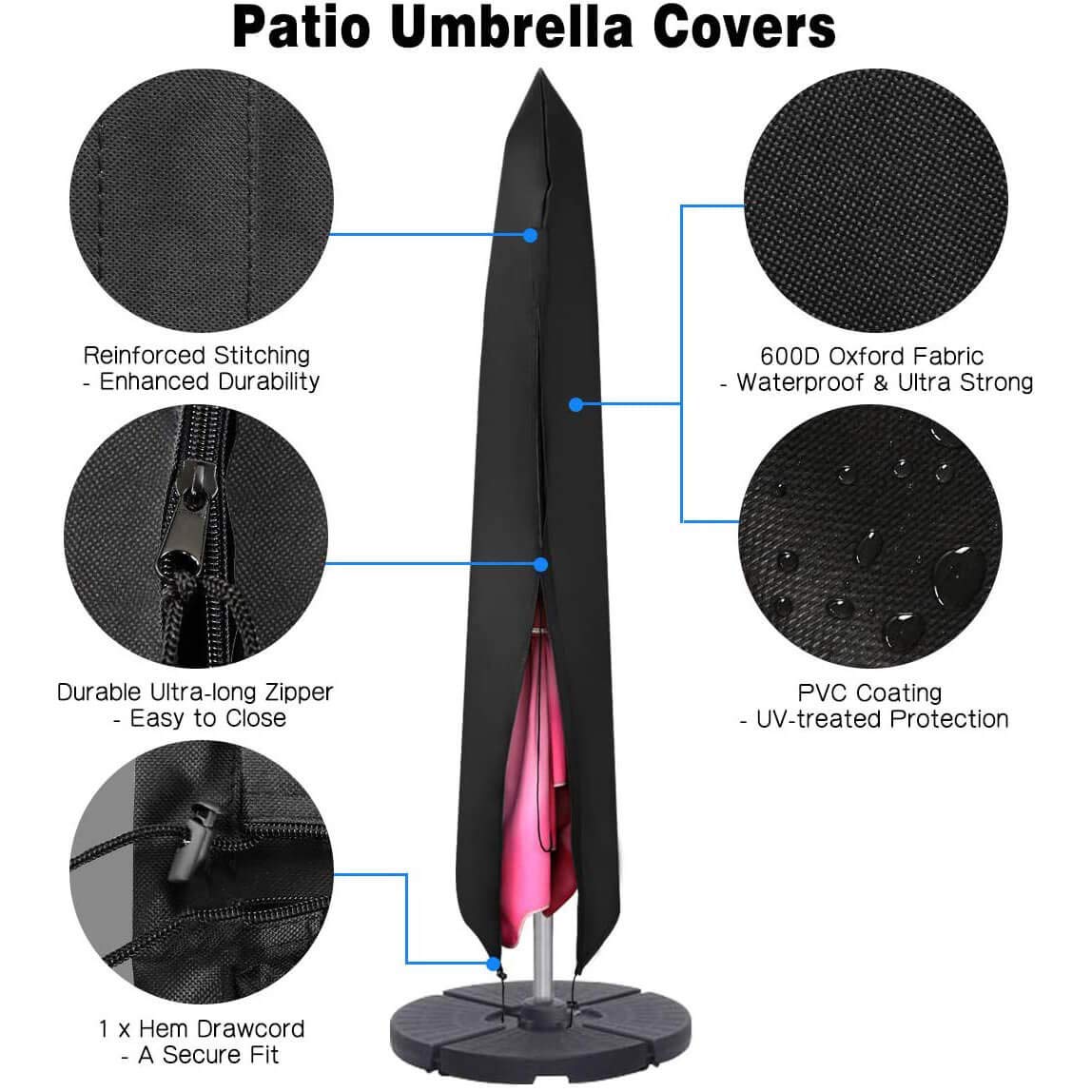 Funda para Parasol, Funda Sombrilla Jardin, 600D, Impermeable, Antipolvo, Resistente a los Rayos UV, 190x25x50cm, Negro