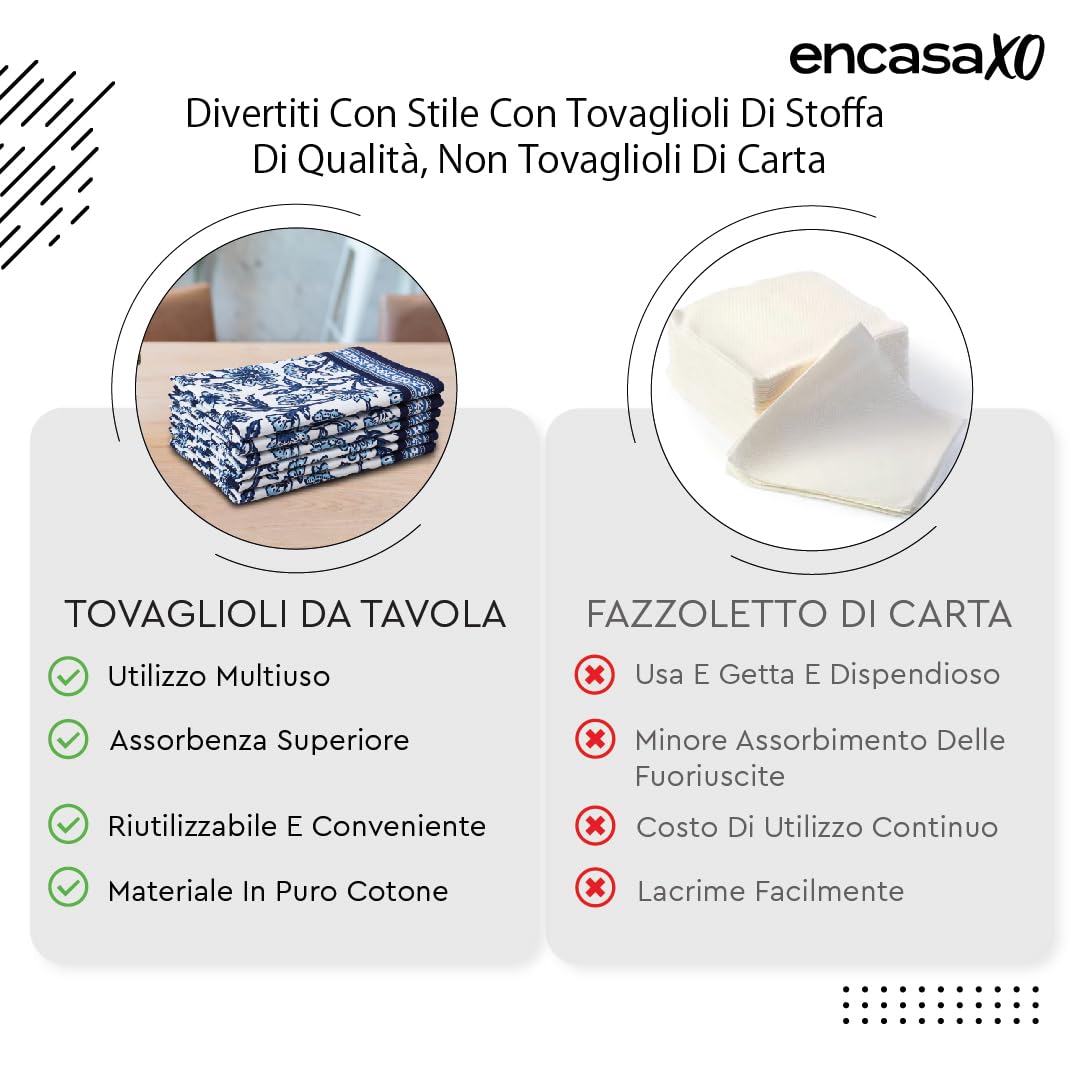 Encasa XO Tovaglioli da Tavola Set di 6 | Tovaglioli in Tela di Cotone con Stampa a Blocco Indaco-03, 45x45 cm | Stampa a Mano Jaipur Sanganeri
