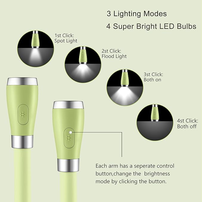 SingHong Neck Book Light LED Reading Lamp USB-C Rechargeable, Hands Free, 4 LED Bulbs, 4 Adjustable Brightness, for Reading in Bed or Reading in Car (Green) photo 3