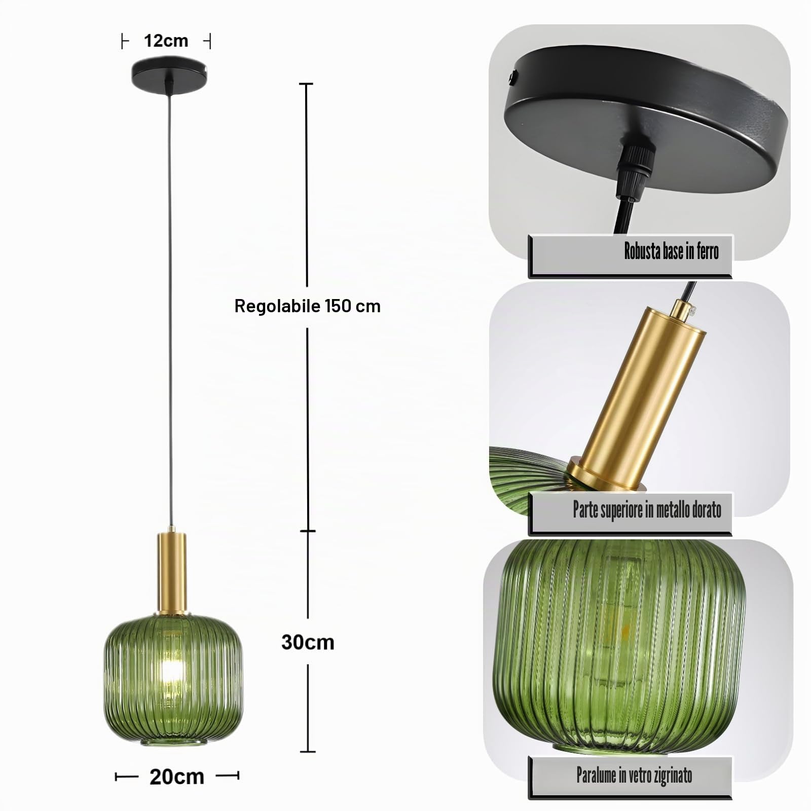 Lampadario a sospensione industriale vintage in vetro a coste, lampada da soffitto moderna in ottone lucidato retrò per cucina salone camera da letto (Verde, 20cm)