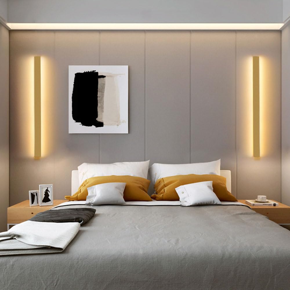 Liniowa lampa ścienna LED do sypialni, salonu, na zewnątrz długi pasek, złote kinkiety nocne, ciepła LED 3000K, akryl, dekoracja wnętrz
