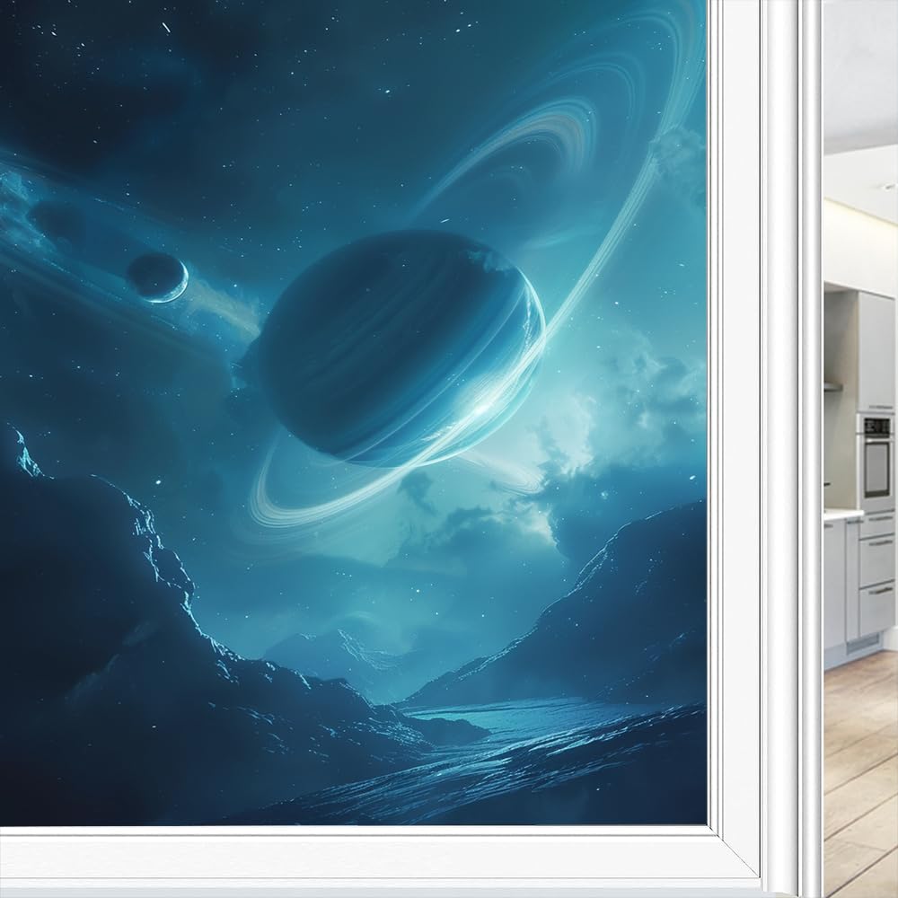 Retro Space Sichtschutzfolie für Fenster, statisch haftend, rustikale Planeten, Landschaft, Milchglas, Wärmeregulierung, Abdeckungen für Badezimmer, Wohnzimmer, 90 x 160 cm