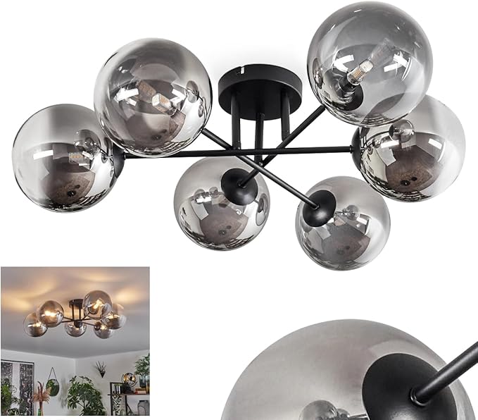hofstein HOFSTEIN Plafondlamp Chehalis, plafondlamp van metaal/glas in zwart/rookkleuren/helder, lamp in modern retro/vintage design met glazen kap (Ø 15 cm), 6 x G9, zonder lampen