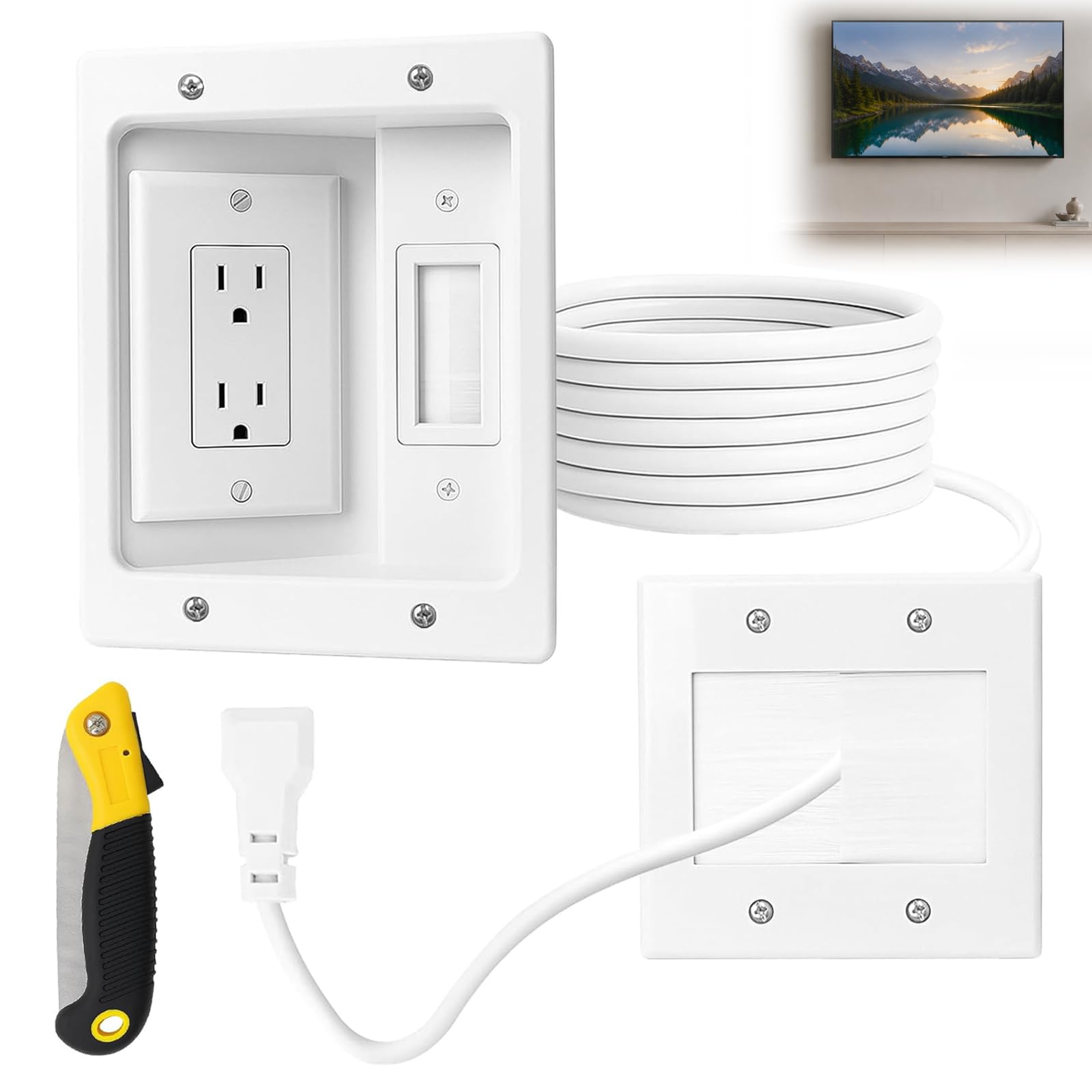Kit correttore per TV a parete con alimentazione a incasso, presa TV a parete, presa a muro con cavo di alimentazione, kit da incasso e nascondicavo per un look pulito e professionale