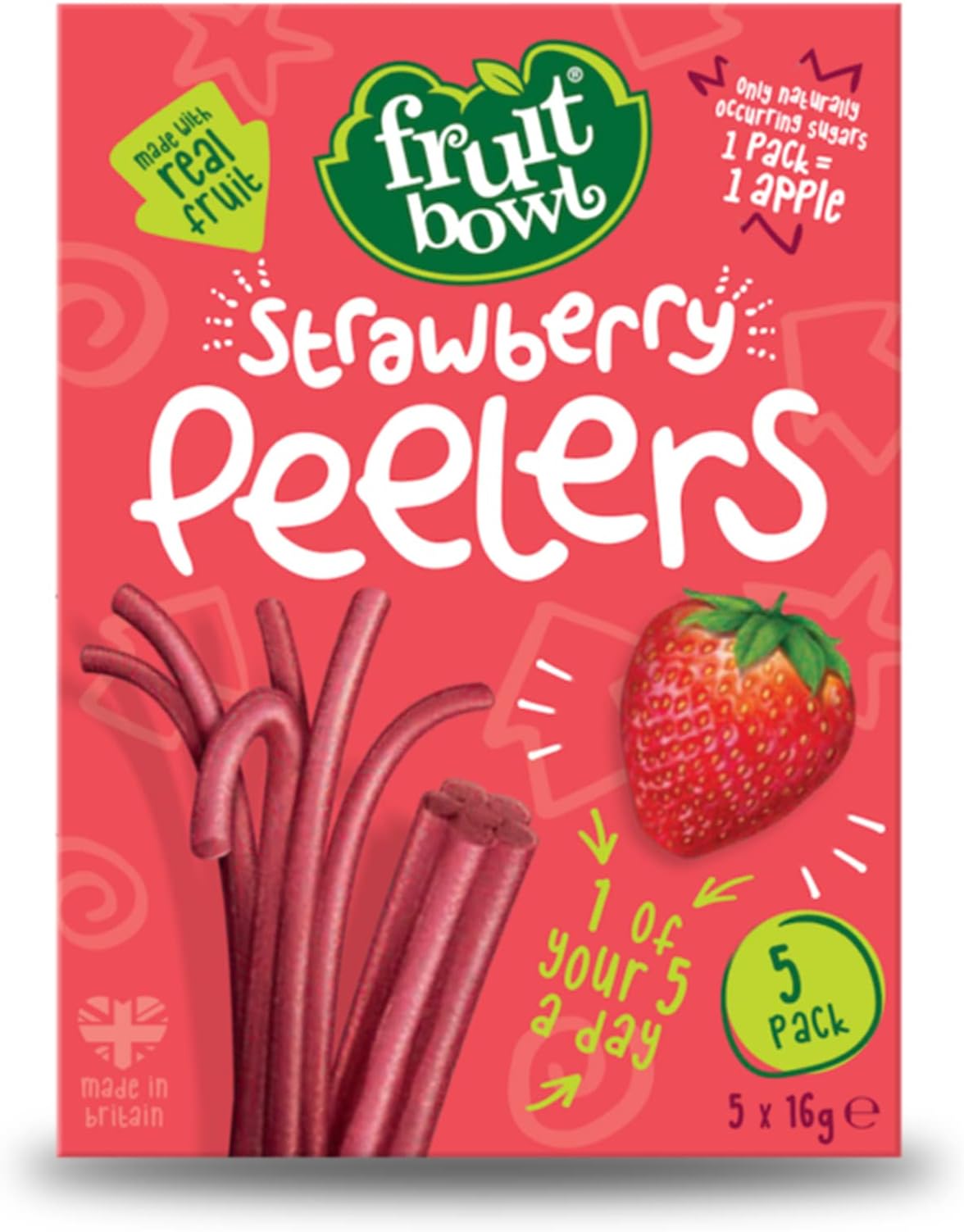 Fruit Bowl Strawberry Peelers, Made with Real Fruit and Naturally Sweet Fruit Peelers, Healthy Snack Box, Pack of 5 x 16 grams