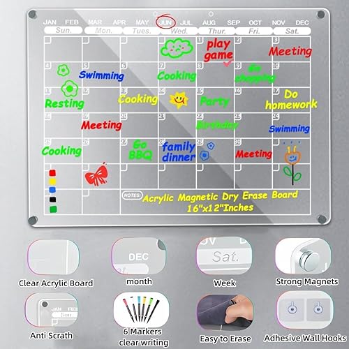 Miniatura 9 de Calendario magnético acrílico para refrigerador, 2 juegos de calendario de nevera, pizarra de borrado en seco, calendario reutilizable transparente
