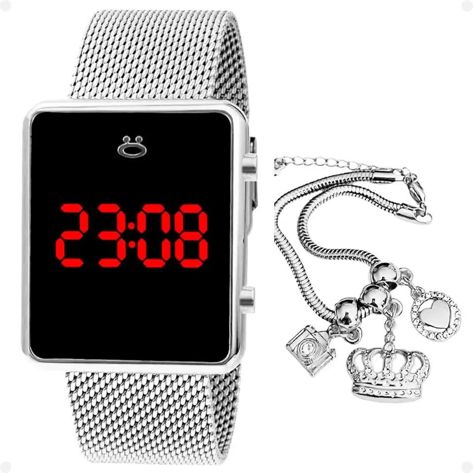 Relogio feminino prata original digital quadrado medio versátil + pulseira europeia berloques casual tendencia + caixa para presente moda mulher social