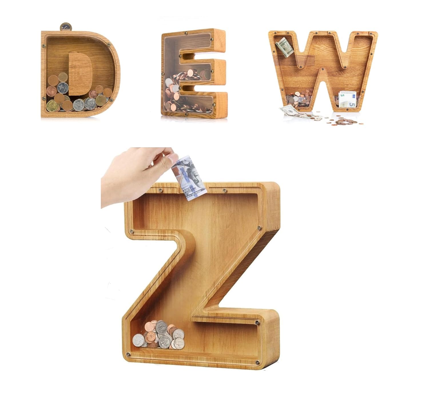 ANAIZA Wooden Alphabet Piggy Bank A to Z – Personalized Letter Coin Bank for Kids, Toddlers – Educational Montessori Toy – Durable Clear Front Money Box (K) 4