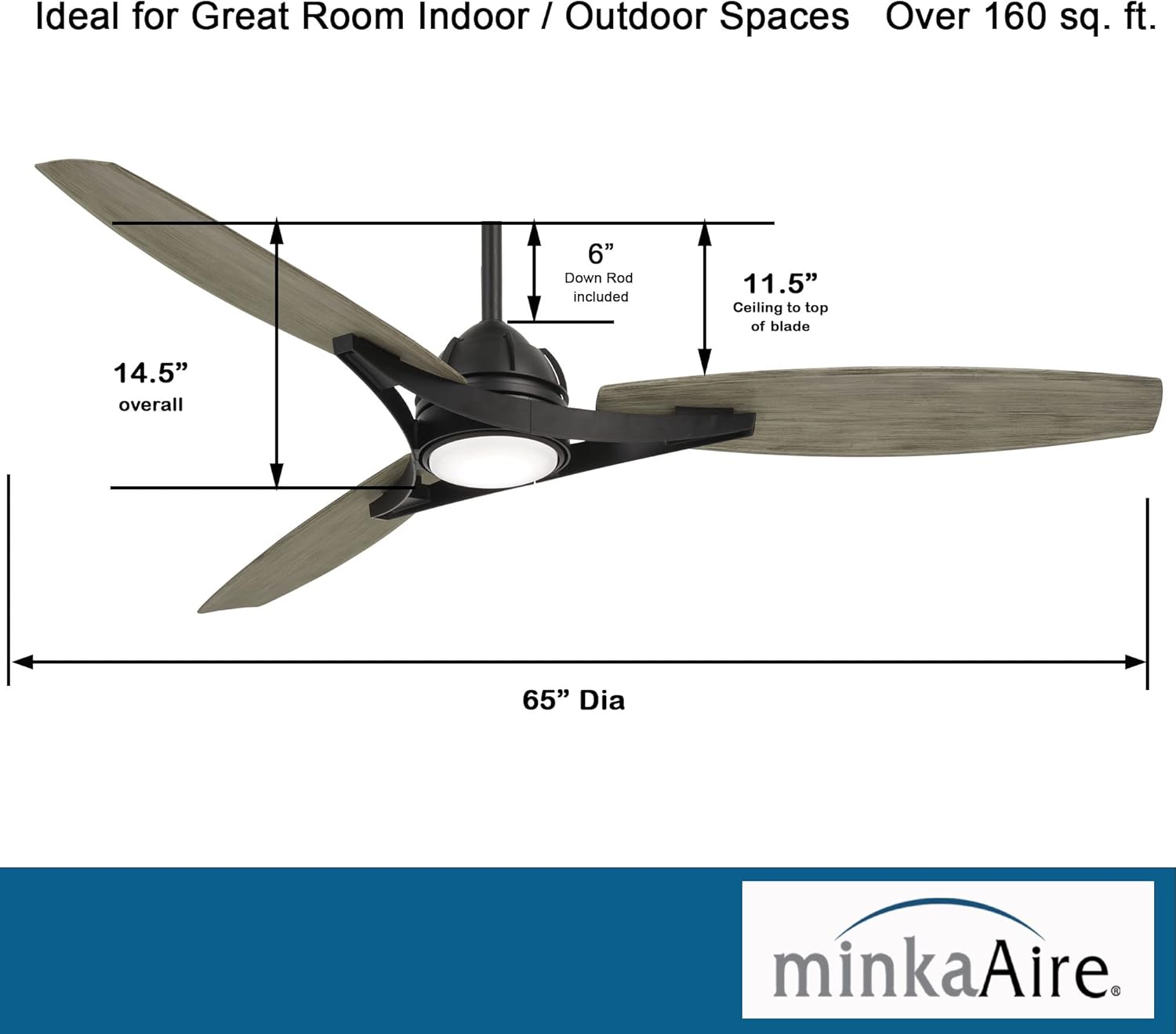 Minka Aire F742L-CL/SG Molino - 65 Inch Ceiling Fan with Light Kit, Coal Finish with Seashore Grey Blade Finish with Etched White Glass