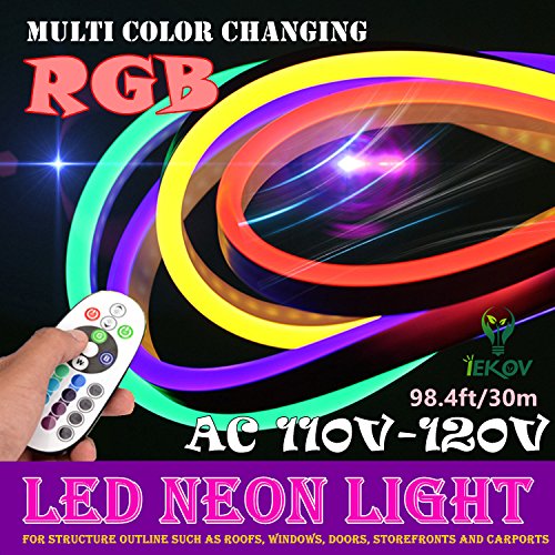 LED NEON Light, IEKOV AC 110-120V Flexible RGB LED Neon Light Strip, 60 LEDs/M, Waterproof, Multi Color Changing 5050 SMD LED Rope Light + Remote Controller for Home Decoration (98.4ft/30m)