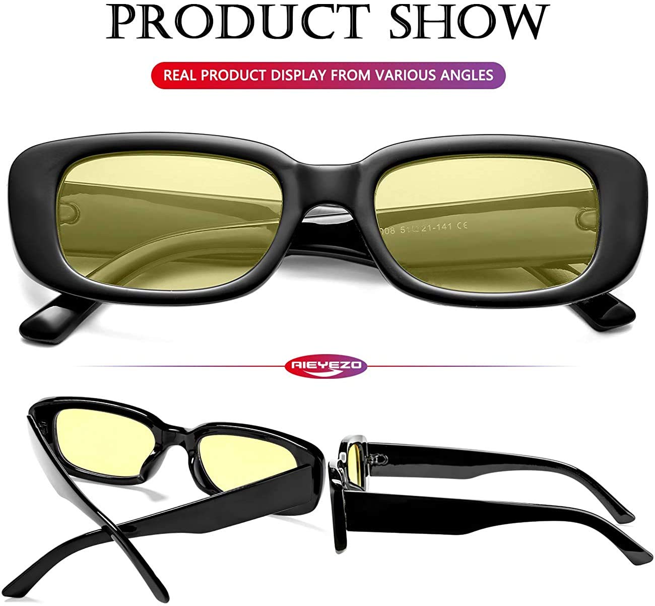 ELEGANTE Rectanglular Sunglasses For Women Retro Driving Sunlgasses Vintage Fashion Narrow Square Frame Uv400 Protection (C4 - Yellow Night Vision, Uv Protected) 1