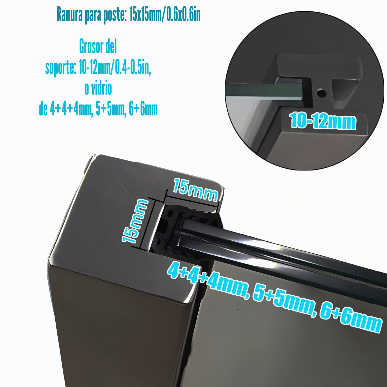 Poste cuadrado de acero inoxidable para valla de vidrio – Adecuado para vidrio templado de 10-12 mm con kit de soportes de riel base para piscina, balcón, terraza y patio
