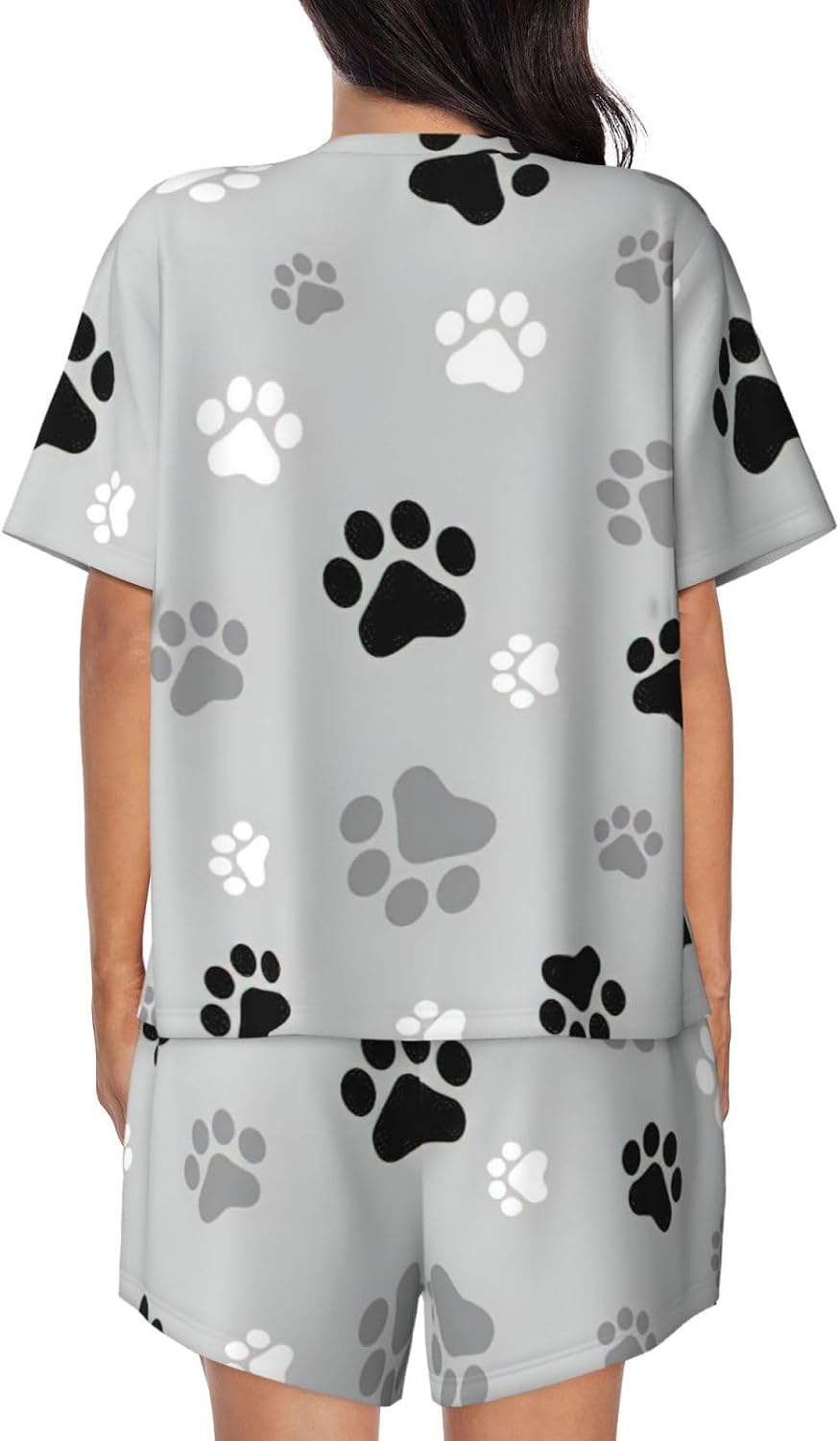 Animal Paw Prints Print Cute Short Sleeve Pajama Set For Women Casual Loungewear With Pockets Four Seasons