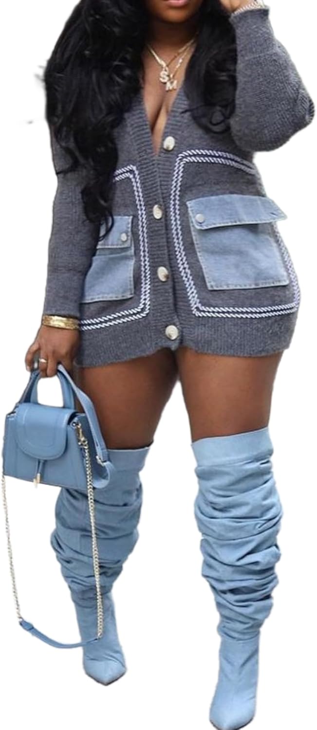 Vaceky Womens Cardigan Sweaters with Denim Pockets Oversized Button Down Open Front Chunky Sweater