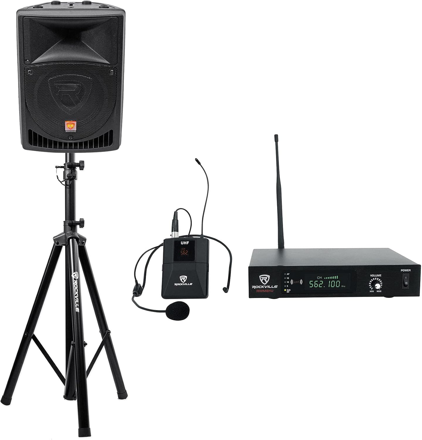 Rockville DJ PA Bundle: RPG8 8" Powered 400W Peak / 100W RMS 2-Way Speaker, RVES05 Heavy Duty Tripod Stand, RWM61U UHF Wireless Headset & Guitar Mic System, 3-Items