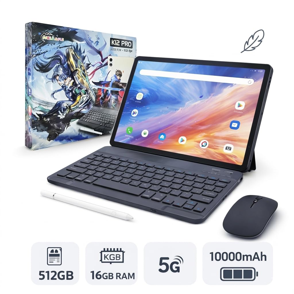 Tablet 10 Pollici, 16GB RAM + 512GB ROM, Sistema Android 15, Display Full HD, Connettività 5G + WiFi, Batteria 10000mAh, Include Tastiera, Mouse e Penna Stylus, Tablet 2-in-1, Blu