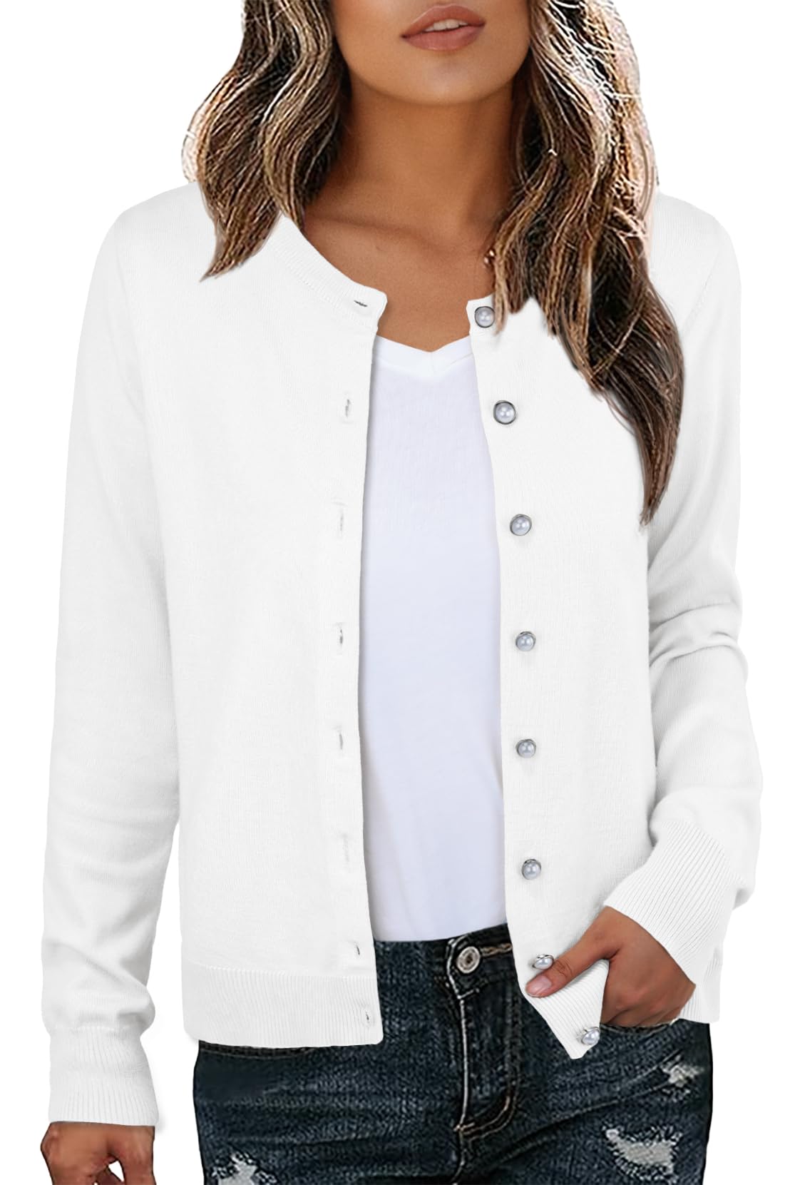 GRECERELLE Cardigan doux élégant et léger à manches longues pour femme en tricot avec perles boutonnées pour femme, automne, hiver, rendez-vous et fête