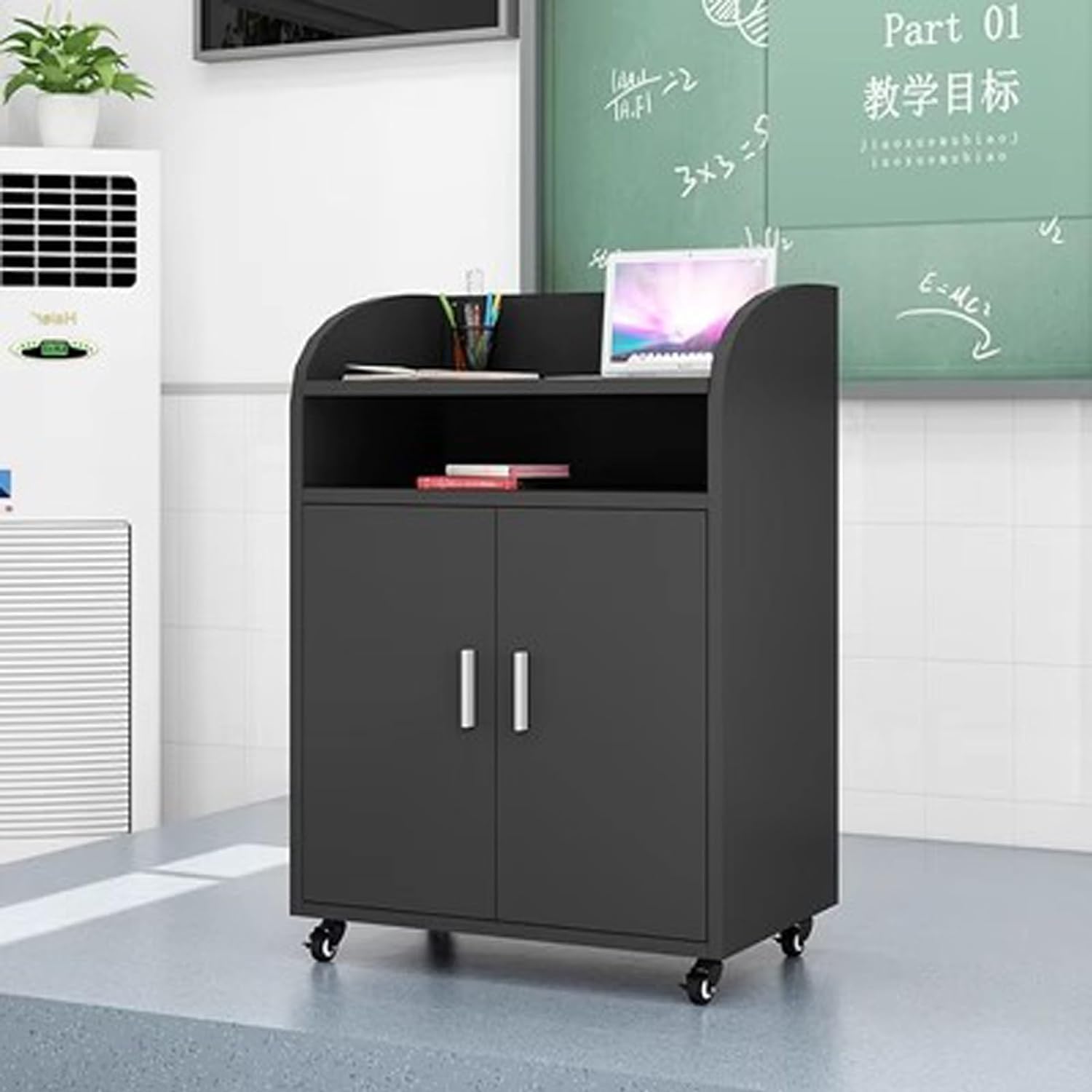 MUYRJLZX Podium Stand Large Podium with Spacious Drawers and Open Space Lecterns Height 41.7 Inches Podium Stand Pulpits with Locking Wheels Stability